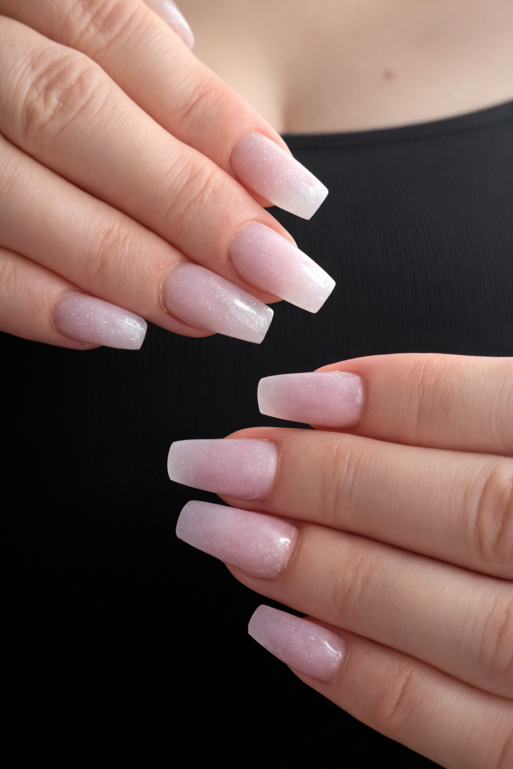 Soft blush pink square acrylic nails with fine shimmer finish
